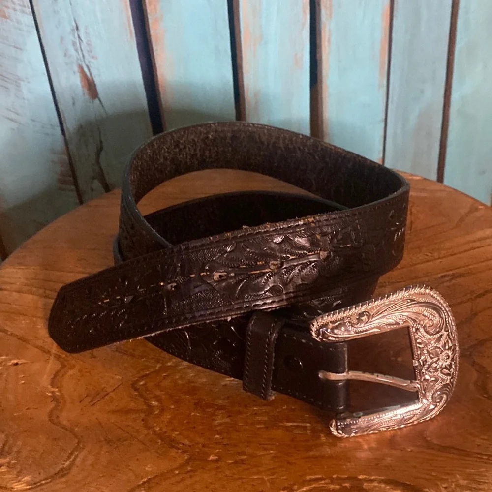 Vintage 90s Wehmeier Double S western belt size 42 black leather silver tone